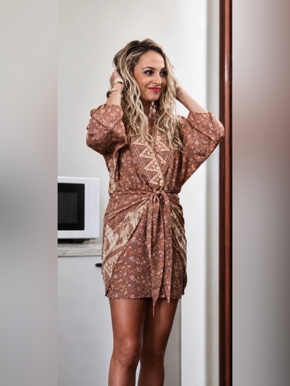 Winter Kate Brown Floral Tie-Waist Mini Dress